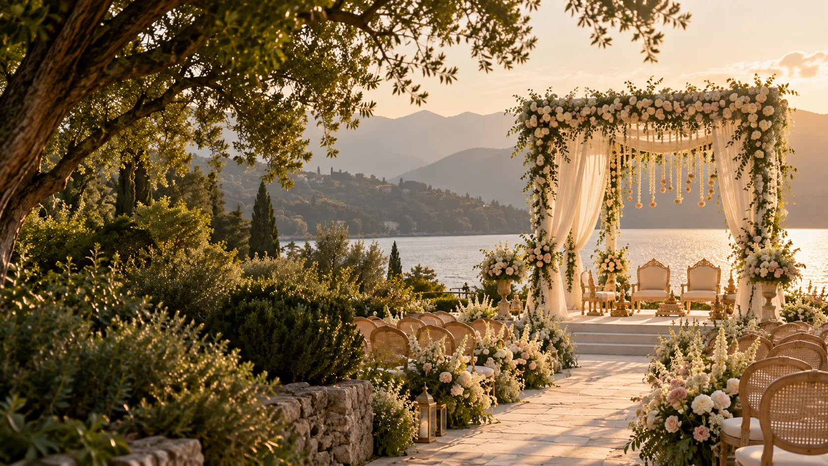 Ivory floral wedding mandap beside a lake in the warm evening light